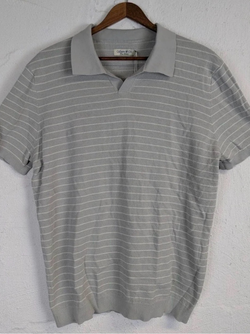 Collars & Co Pure Cotton Waffle Knit Polo Sweater XL Gray White Stripe NWT